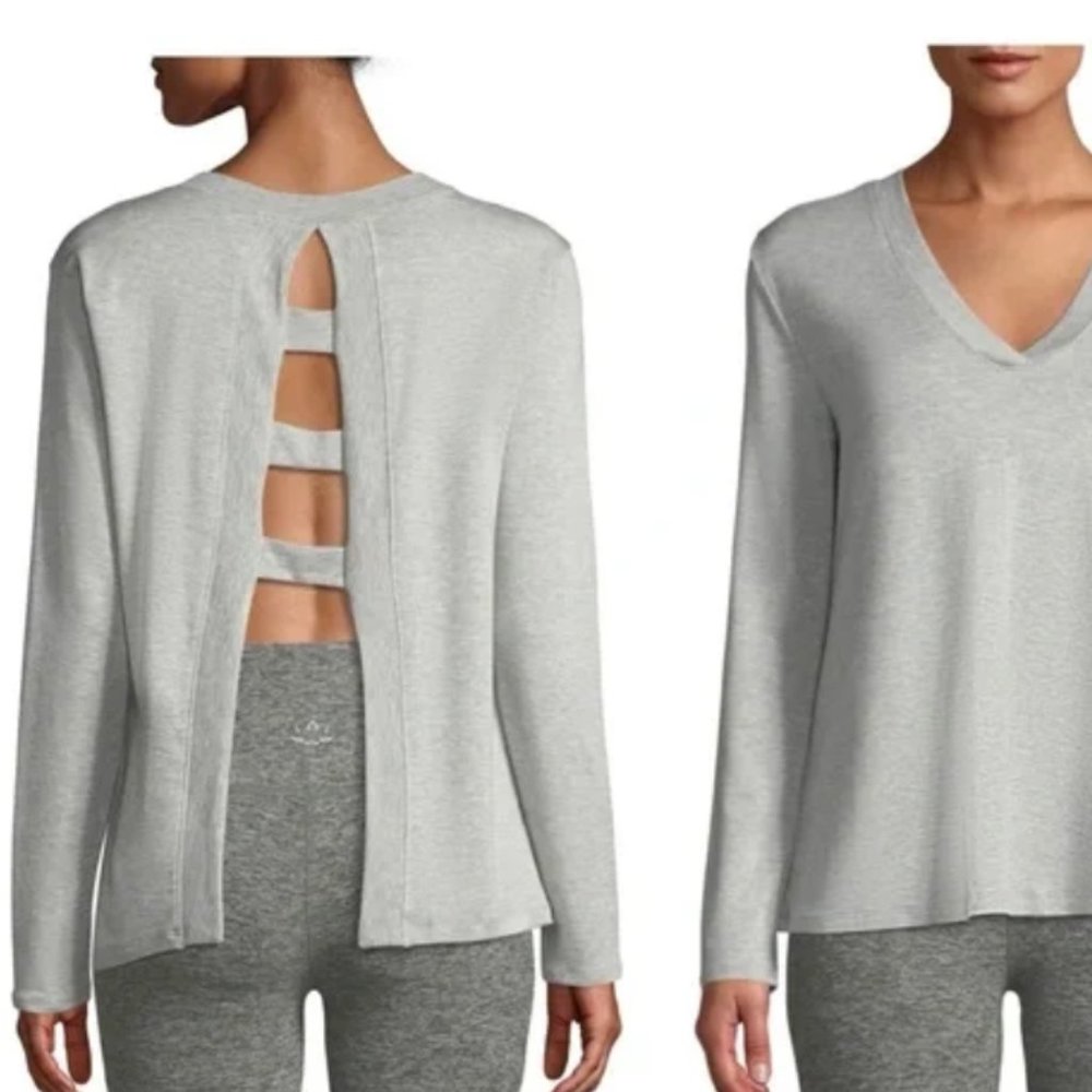 Beyond Yoga gray Lace-Up-Back top Pullover Sweatshirt long sleeve sz medium